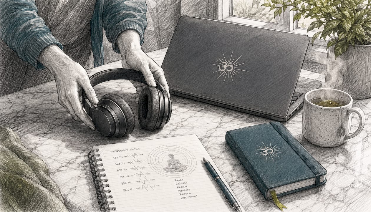 Schumann resonance meditation: your practical guide 1 Hands putting on headphones next to laptop