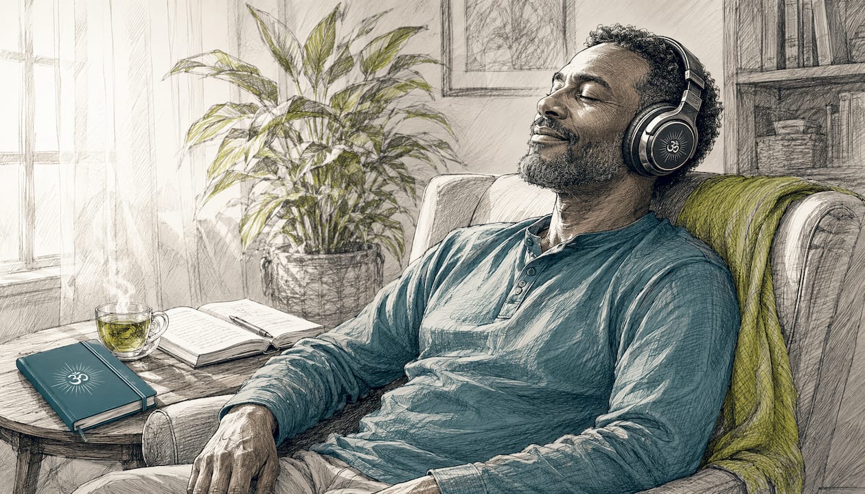 Mind frequency for focus and calm: a practical guide 2 Man listening to binaural beats at desk