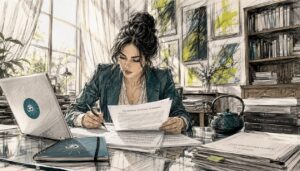 Music supervisor reviewing orchestral licence documents