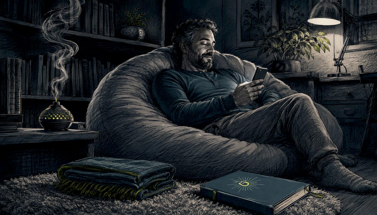 Calm.com alternatives: best apps for sleep and mindfulness 2 Man using sleep app smartphone before bedtime