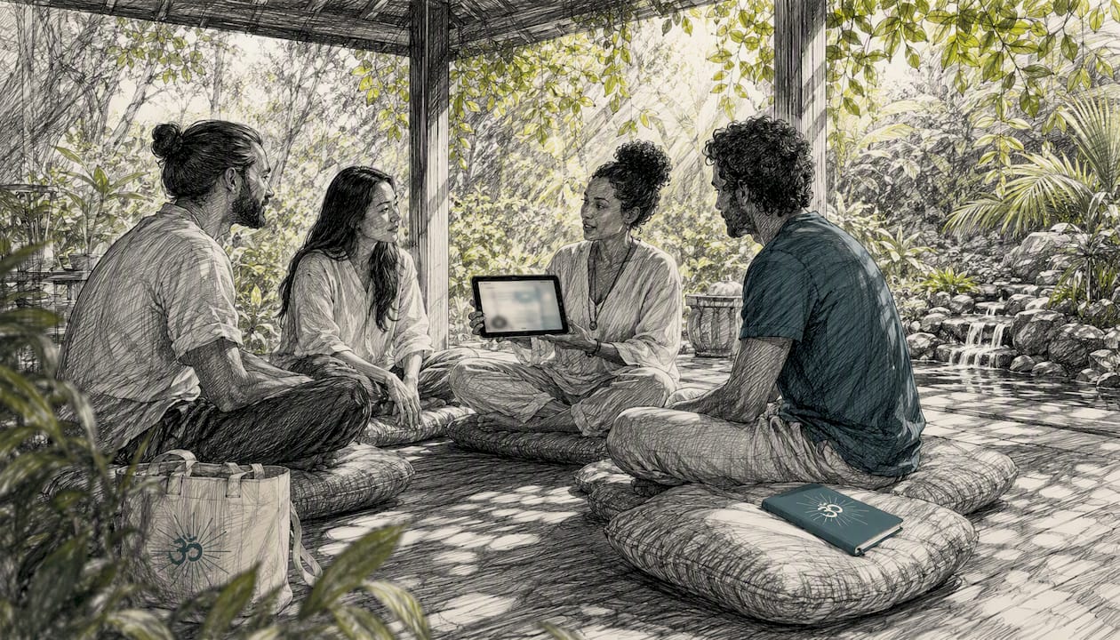 Calm.com alternatives: best apps for sleep and mindfulness 3 Small group practicing guided meditation with tablet
