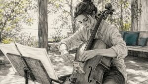 Musician tuning violin strings in studio