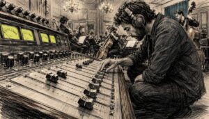 Mischpult mit Orchester im Aufnahmestudio