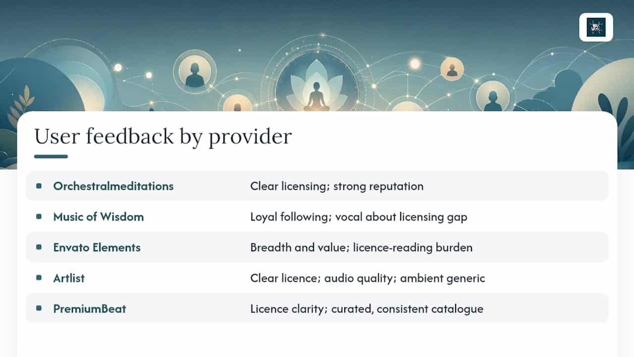 MusicOfWisdom.com alternatives for meditation creators 1 What do users say about these providers? — overview diagram