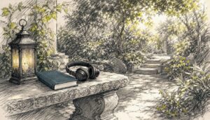 Kopfhörer auf Meditationstisch neben Kerze