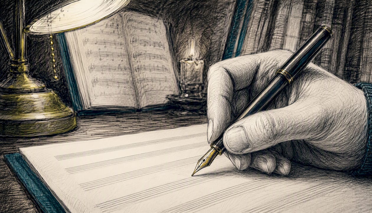 Royalty-free vs rights-managed: what UK creators need to know 2 Hand with pen over blank music sheet