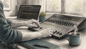 Hands adjusting audio mixing console in studio