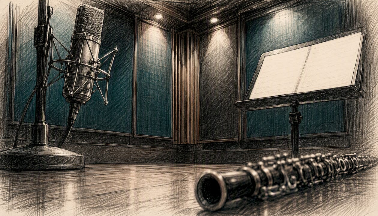 Meditation music for clinics: licensed, clinic-ready picks 3 Orchestral recording studio corner with microphone