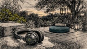 Headphones and meditation room setup