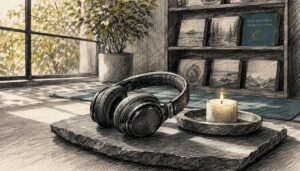 Headphones and candle in meditation space