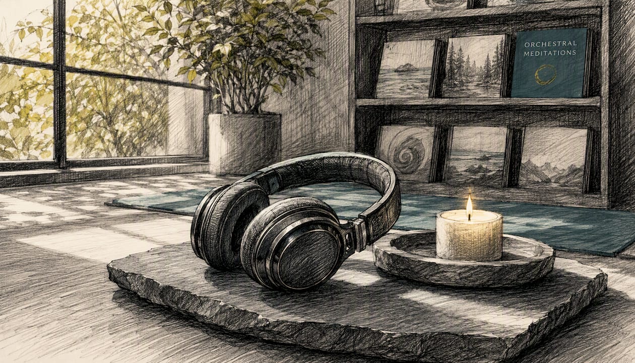 Headphones and candle in meditation space