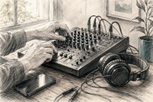 Audio engineer hands on mixer for meditation app