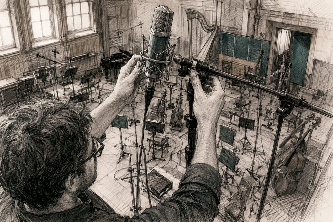 Engineer adjusting microphone in orchestral studio