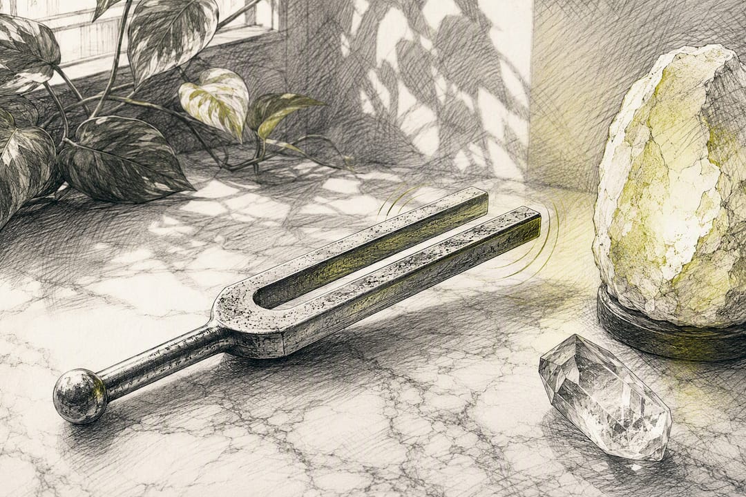 Tuning fork vibrating with sound wave overlay