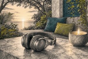 Headphones on table with candle and ambient light