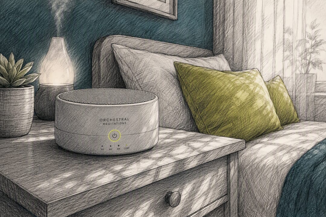 Binaural beats vs white noise: which one actually helps? 1 Ambient sound machine on bedside table
