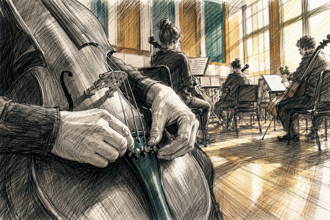 Orchestral musicians tuning instruments