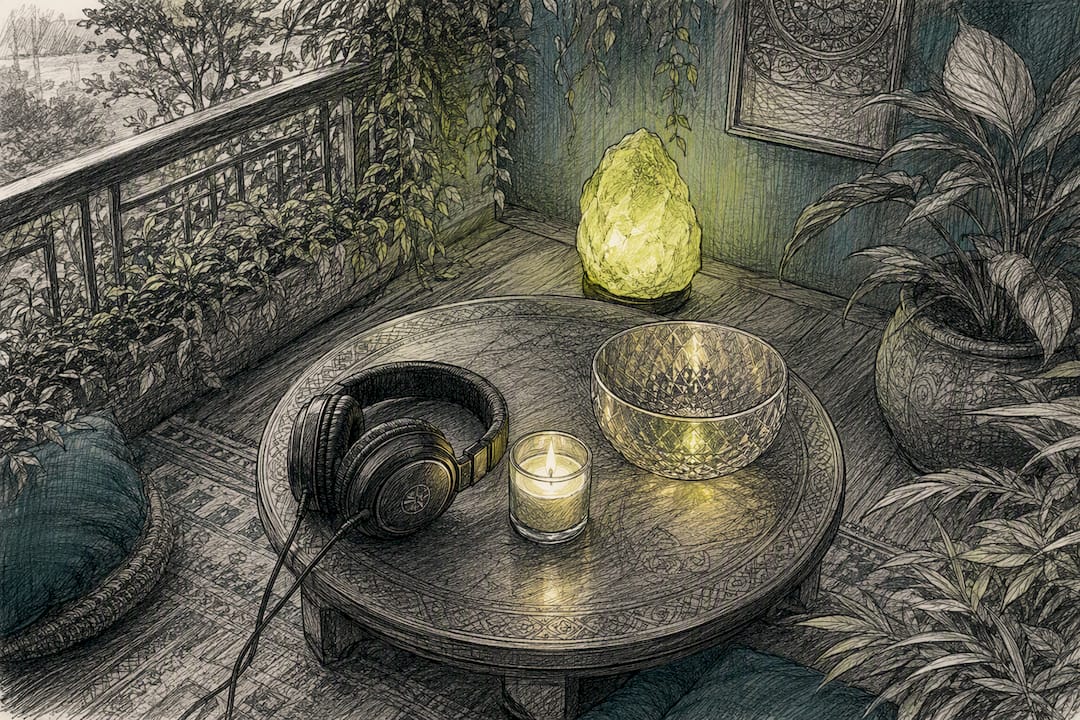 Frequency based meditation music: what actually works 1 Headphones and candle in meditation room
