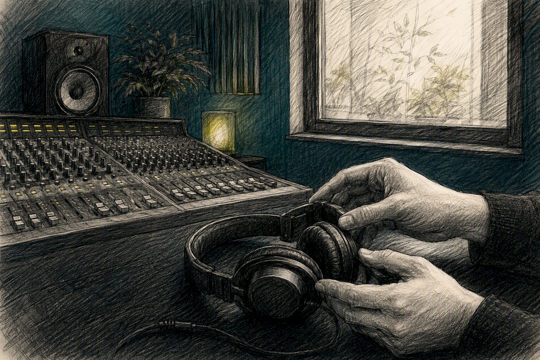 Hands adjusting headphones beside audio desk