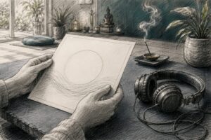 Hands holding music license with headphones