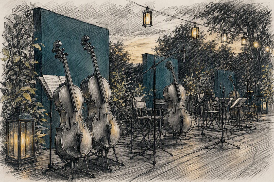 String instruments waiting in orchestral recording