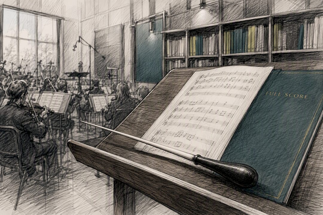 Guided meditation with music: how sound helps you settle 1 Conductor's baton on music stand in orchestra studio