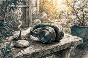 High-quality headphones in cozy meditation space