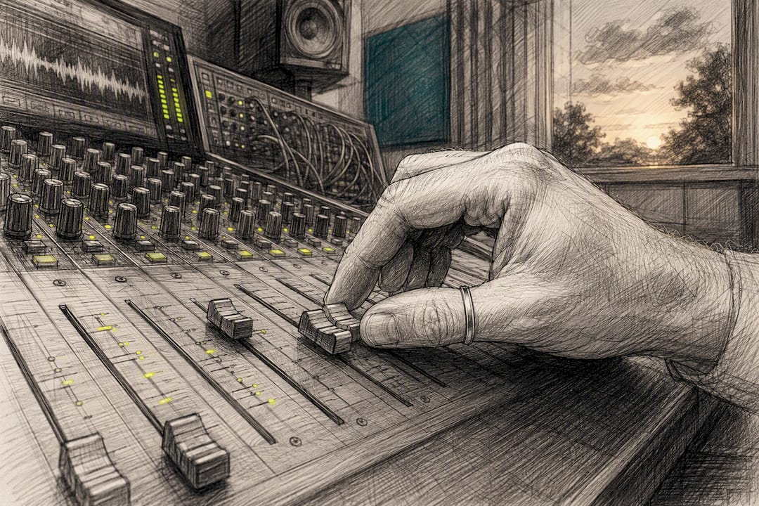 Hand adjusting audio mixer fader for crossfade