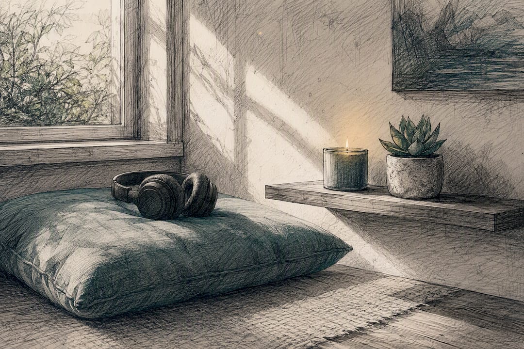 Meditation corner with headphones and candle