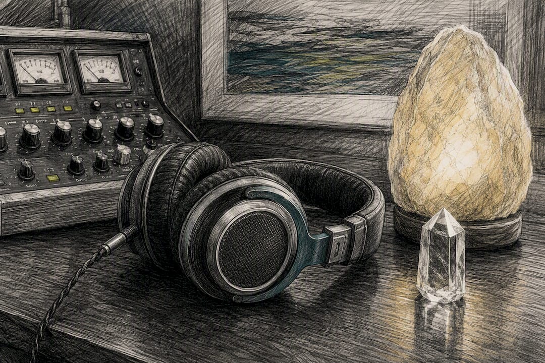 Headphones and mixing console in hypnotherapy setup