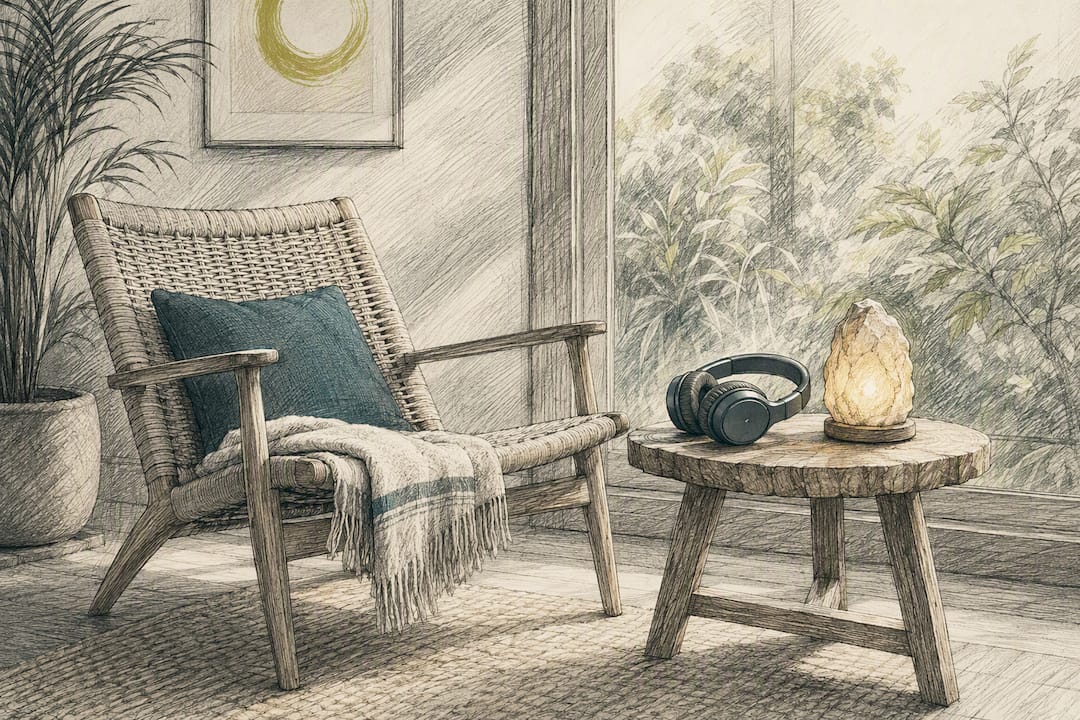 Meditation space with headphones and candle