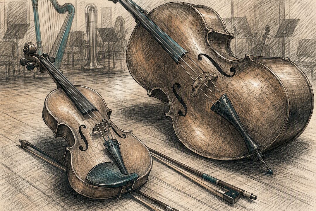 Close-up of cello and viola on stage floor