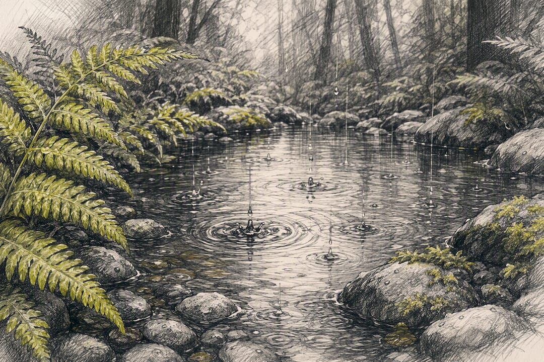 Close-up of raindrops on a stream with moss