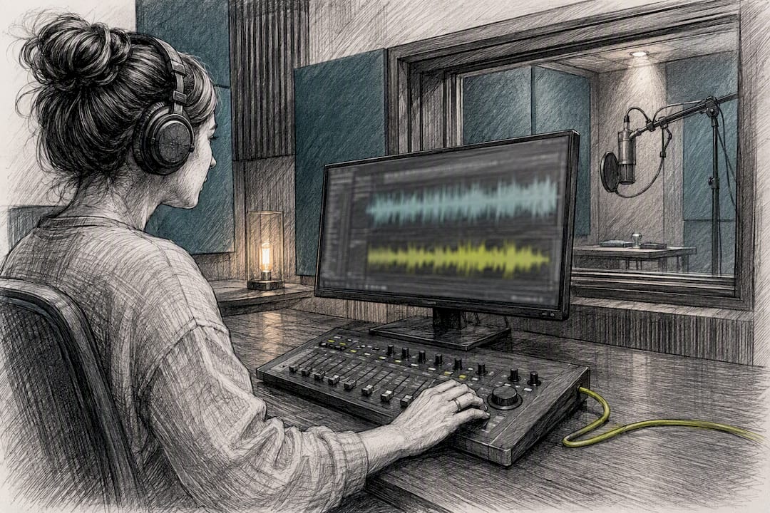 Podcast editor reviewing a music track