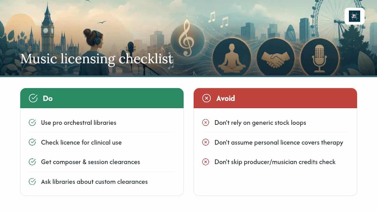 UK wellness podcasters: 3 legal ways to clear music with Robert Emery 1 Practical example for wellness podcasters: Orchestral Meditations, composers and licensing choices — overview diagram