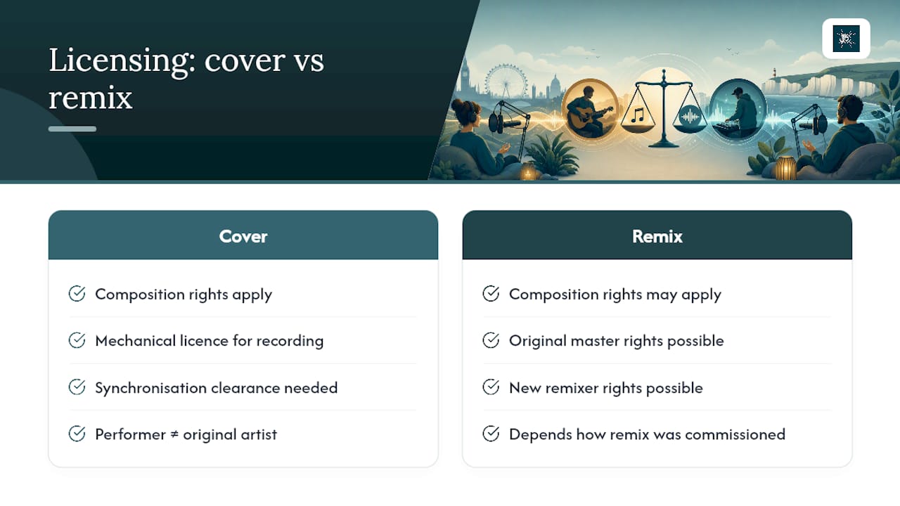 UK wellness podcasters: 3 legal ways to clear music with Robert Emery 2 Summary of differences in licensing for cover versions or remixes used in podcasts — overview diagram