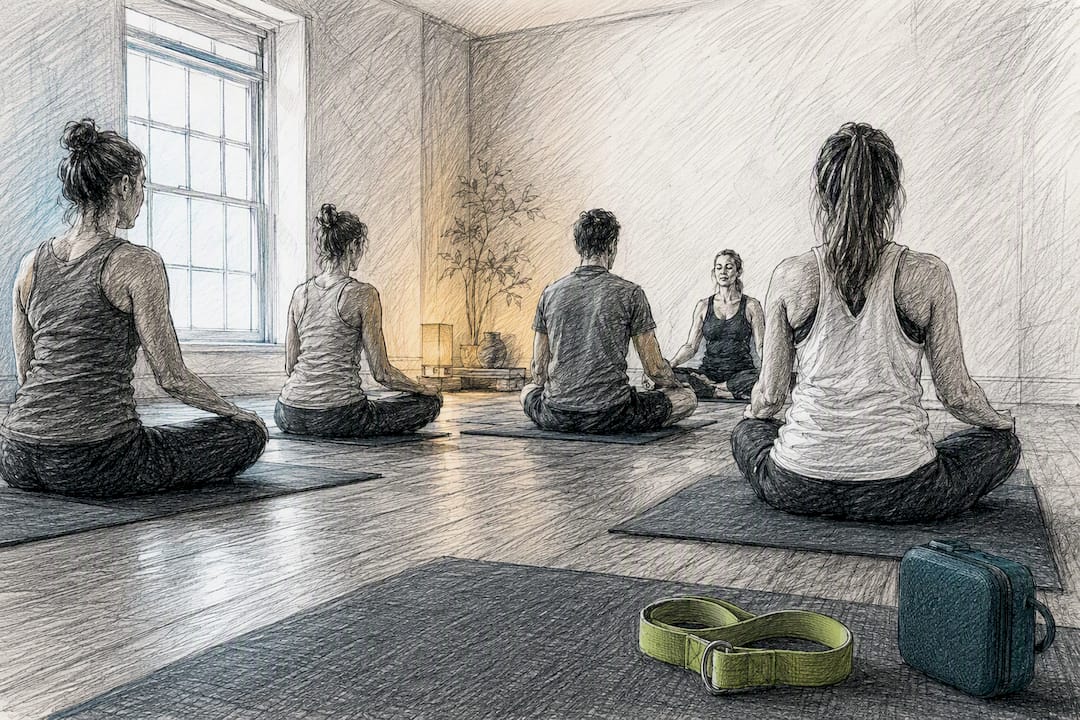 Yoga teacher guiding class during closing meditation