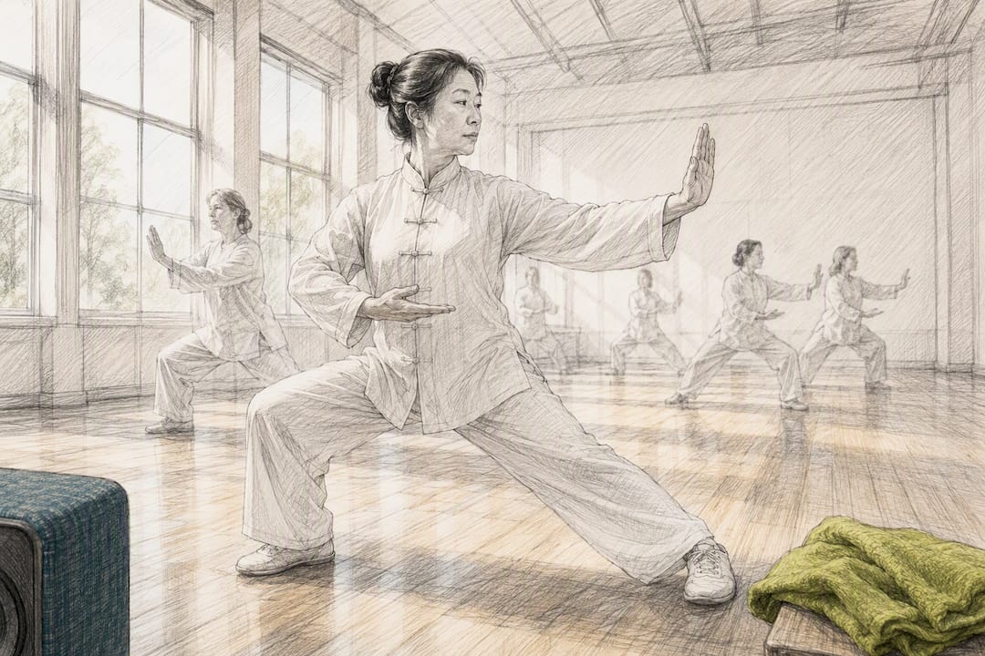 Tai chi instructor leading a calm class