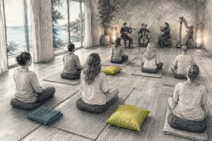 Sound bath class listening to orchestral music