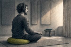 Listener using headphones in quiet meditation room