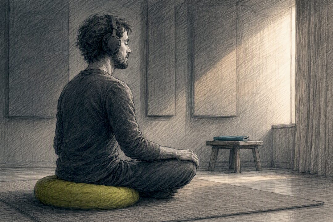 Listener using headphones in quiet meditation room