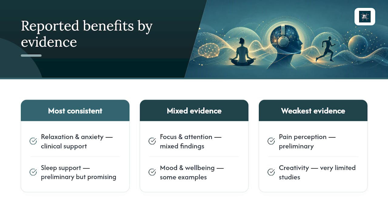 What benefits do people actually report from binaural beats? — overview diagram