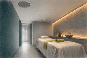 Spa treatment room with discreet ceiling speaker