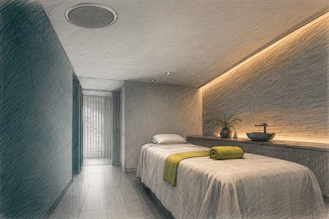 Spa treatment room with discreet ceiling speaker
