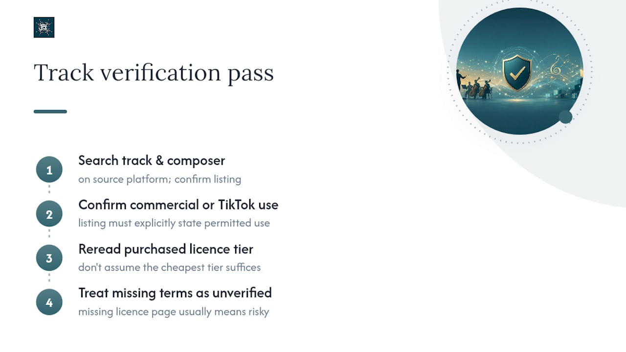 Vermeide TikTok-Ansprüche mit lizenzierten Orchestral-Tracks und Komponisten-Nachweis 2 Four-step music licence verification process