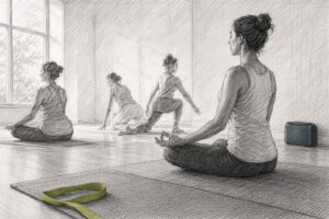 Yoga class practicing meditation with orchestral music