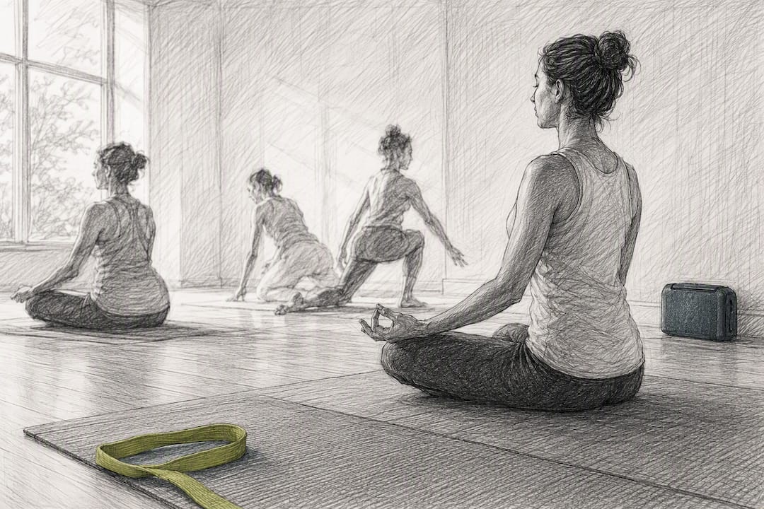 Yoga class practicing meditation with orchestral music