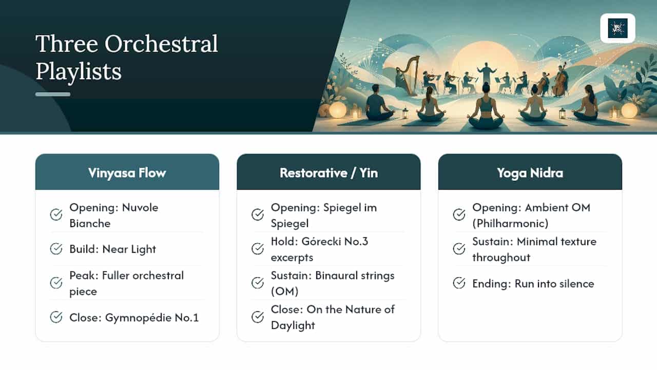 5 Tempo Phases for Orchestral Meditation in a 60 Minute Yoga Class 1 Three ready-made orchestral playlists for different classes — overview diagram
