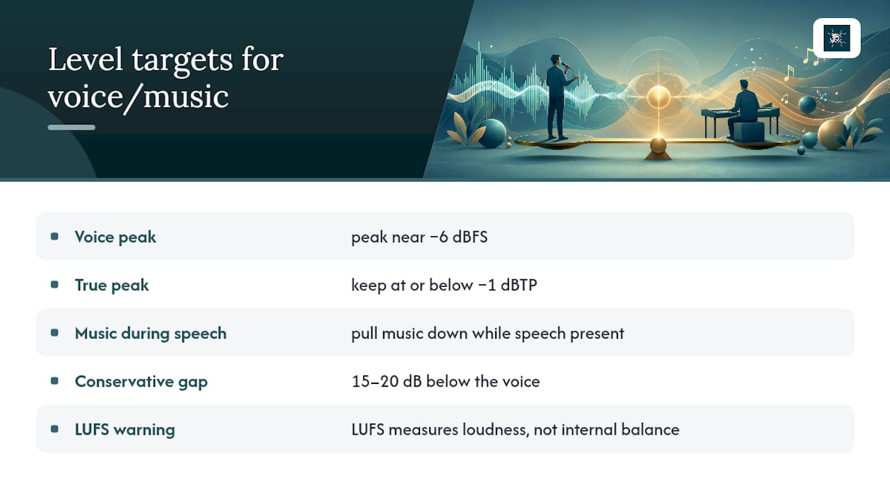 Creators: Fix Voice and Music Balance in 6 Steps, Aim for −6 dBFS 1 Practical level targets for a clean voice vs music balance — overview diagram