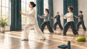 Qigong class practicing slow movements